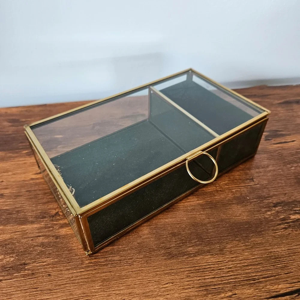 Brass Gold Glass Jewelry Box Green Velvet Lining 2 Compartment Trinket Case